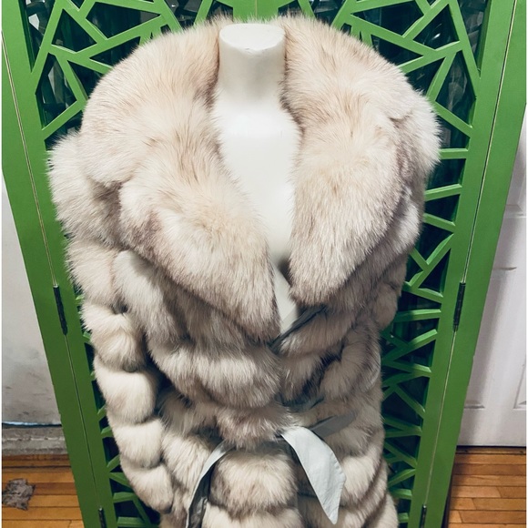 Lintons Pittsburgh Vintage Leather & Arctic Fox Fur Coat w/ Waist Tie - Picture 7 of 9
